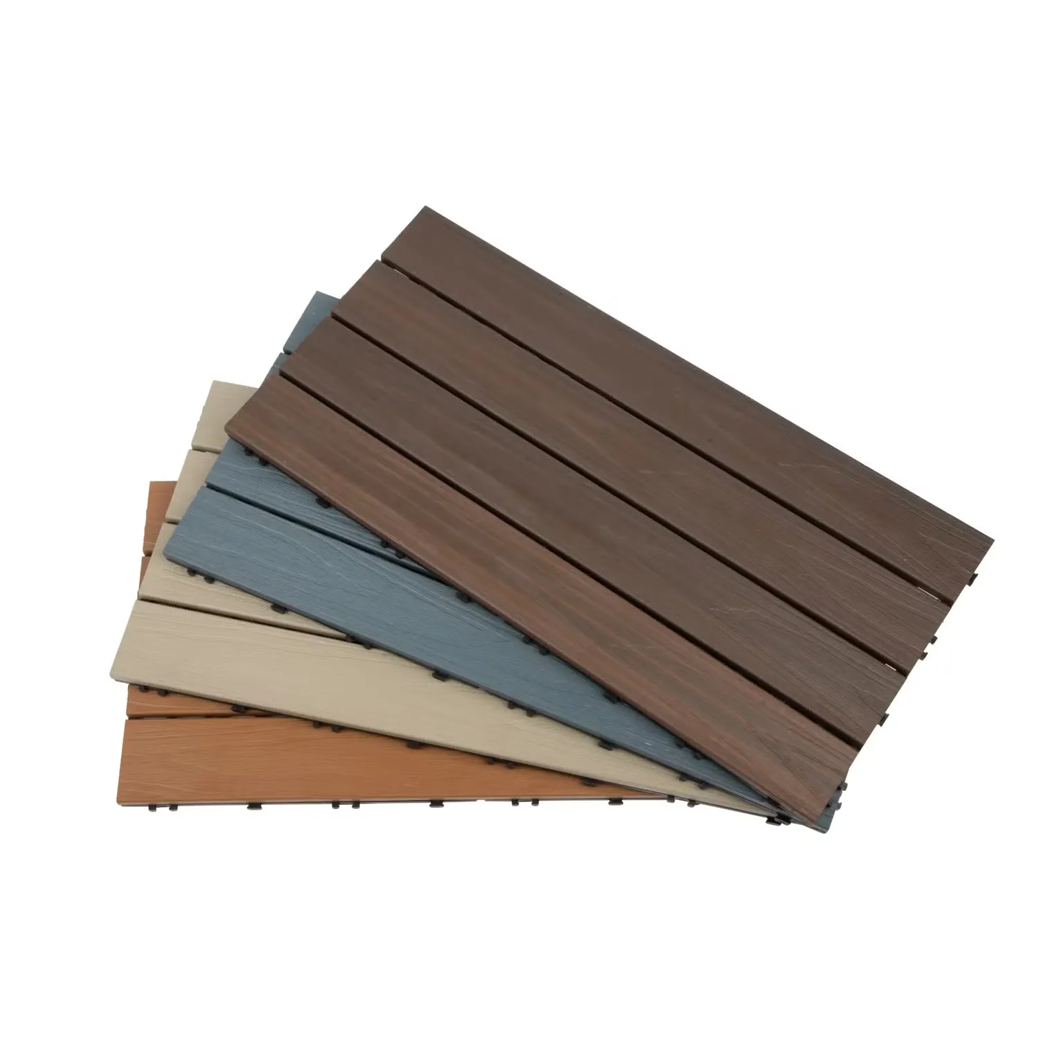 Stack of interlocking deck tiles in several colors