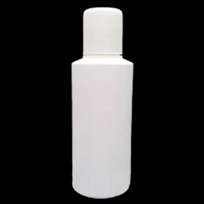 White plastic bottle with a screw cap on a black background