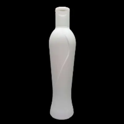 White contoured plastic bottle with a flip cap on a black background