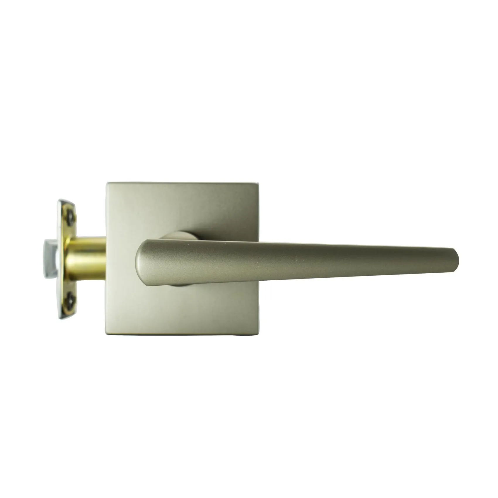 Gray square-rose lever lock set seen from the side