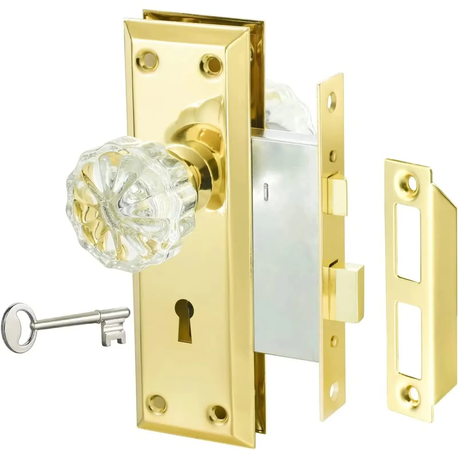 Brass mortise lockset with glass knob, key and strike plate