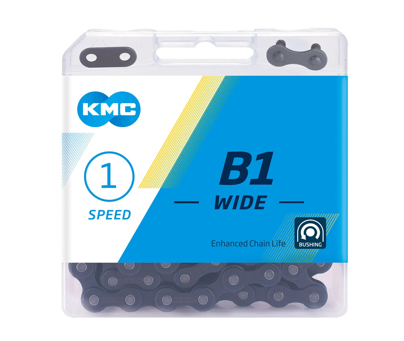 Blue single-speed chain in a KMC B1 Wide retail box