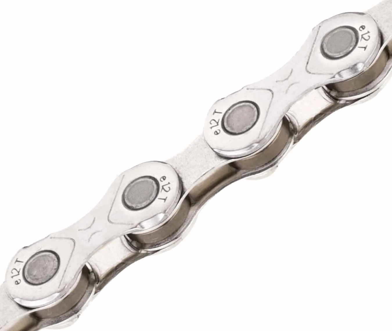 Close-up of a silver 12-speed bicycle chain