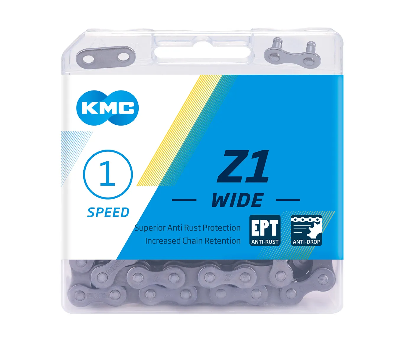 Silver single-speed chain in a KMC Z1 Wide EPT retail box