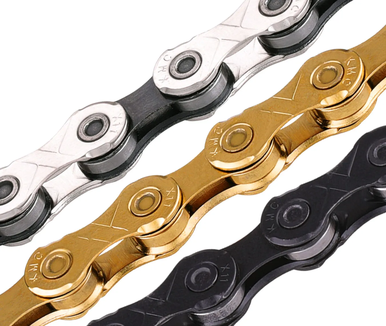 Three bicycle chain sections in silver, gold and black