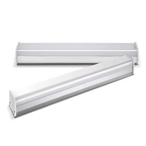 Two white and silver linear LED ceiling light fixtures