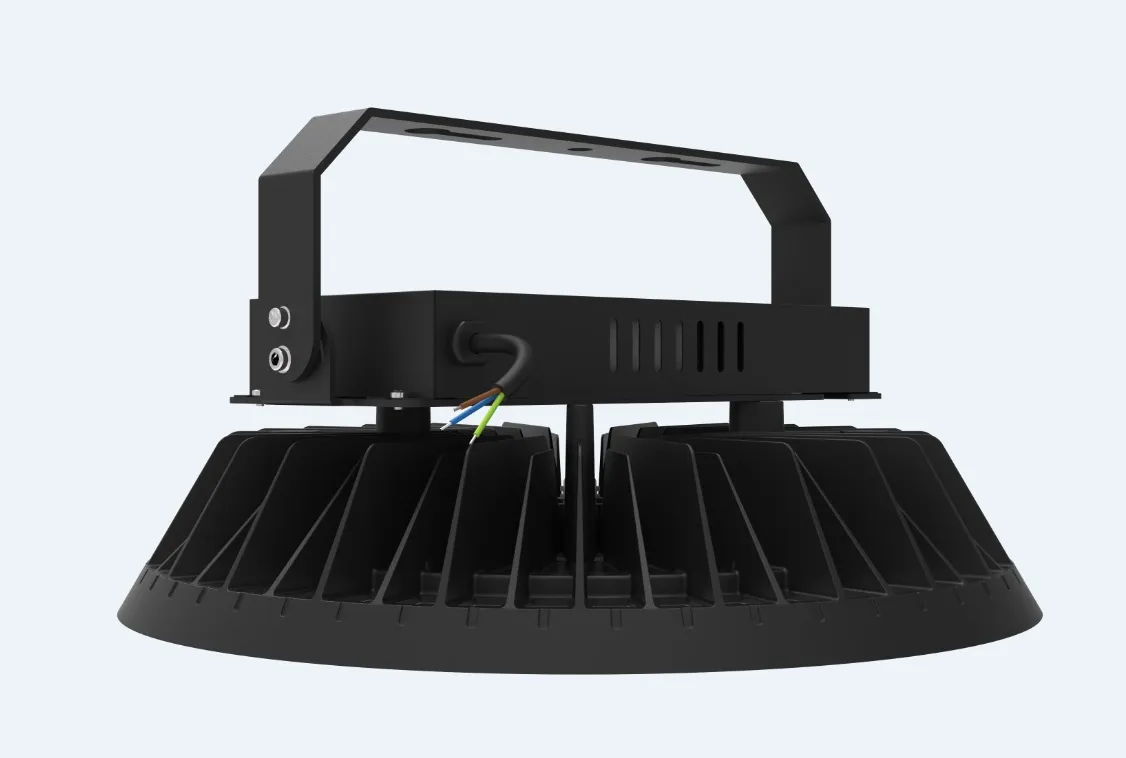 Black UFO LED high bay light with a mounting bracket