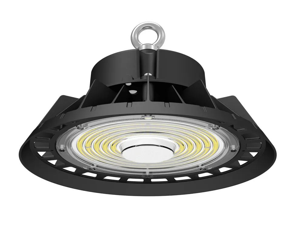 Black UFO-style LED high bay light with a hanging ring