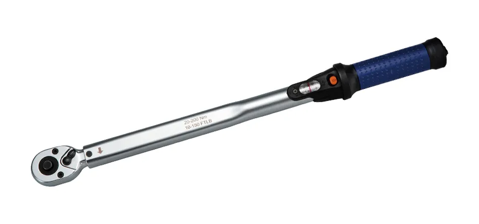 Ratchet torque wrench with a blue grip and window scale