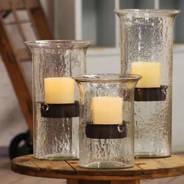 Large glass hurricane candle holders with pillar candles