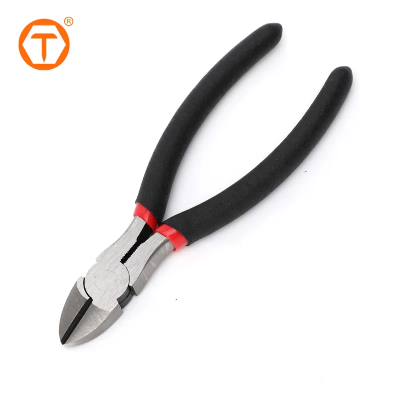 Diagonal cutting pliers with black handles and a red band