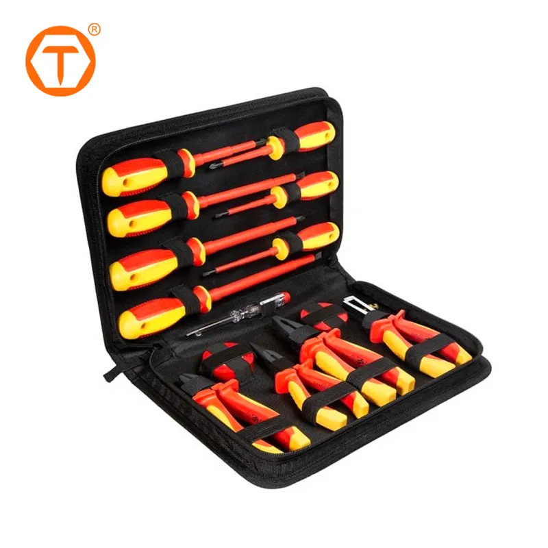 Open tool bag with red and yellow insulated screwdrivers and pliers