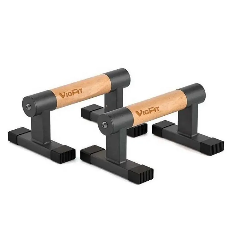 Pair of push-up bars with wooden grips and black steel bases