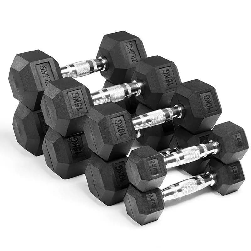 Set of black hexagonal dumbbells in graduated sizes