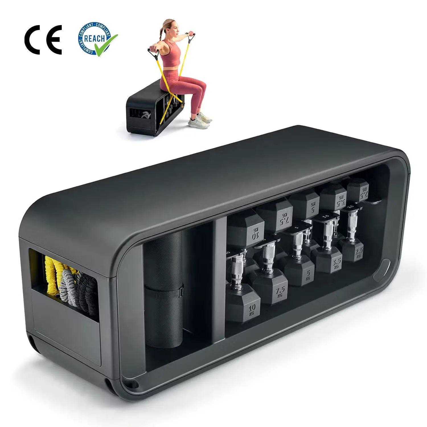 Black storage bench with dumbbells shelved inside