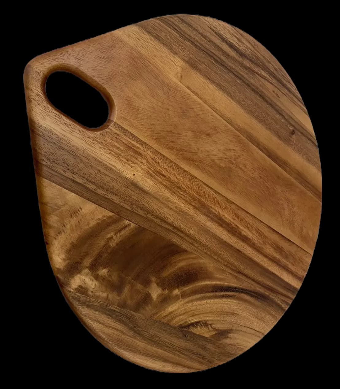 Large rounded wooden cutting board with an oval hole