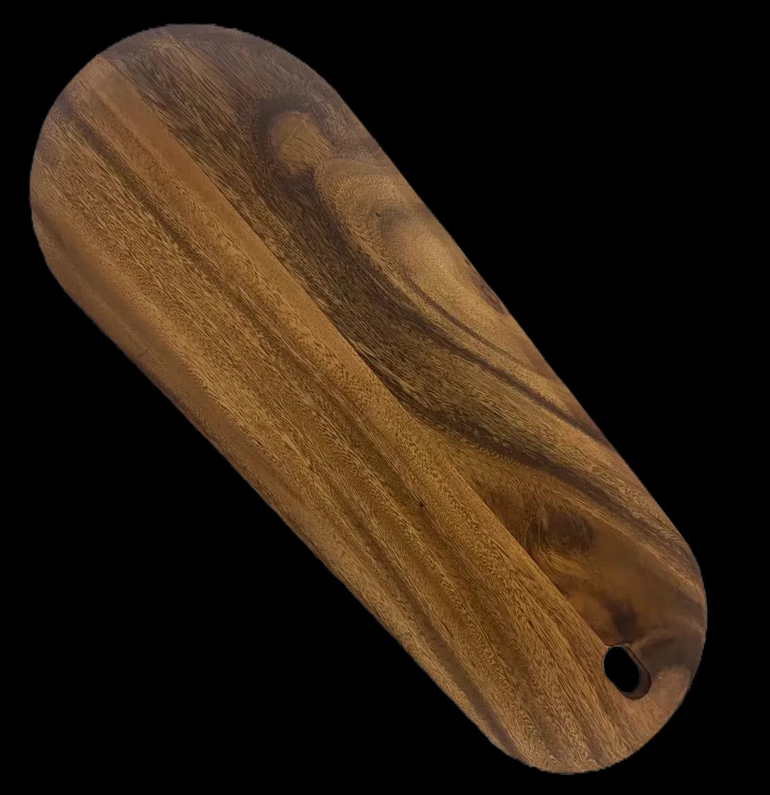 Long wooden cutting board with rounded ends and a hole at one end