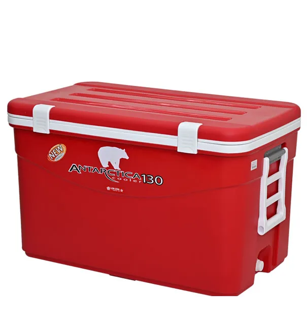 Red 130 liter plastic cooler box with white lid and latches