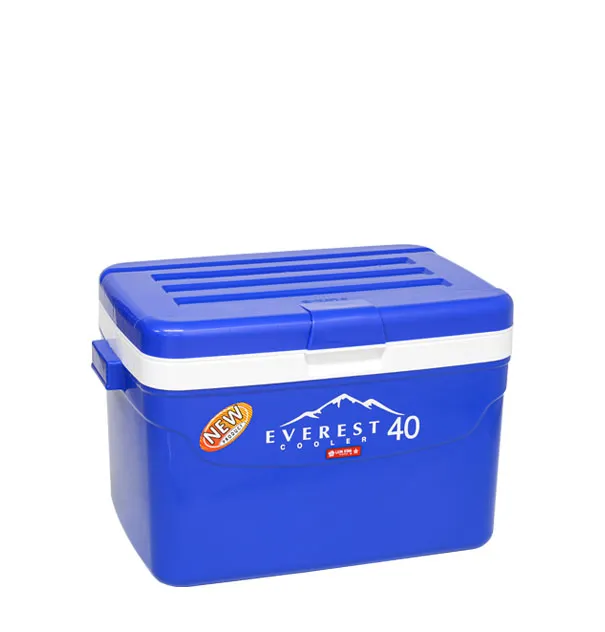 Blue 40 liter cooler box with white rim and lid