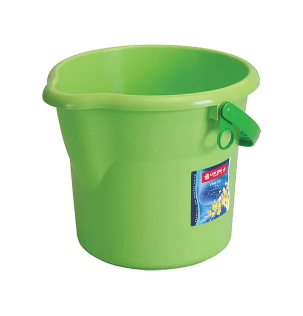 Lime green plastic pail with a handle and pouring lip