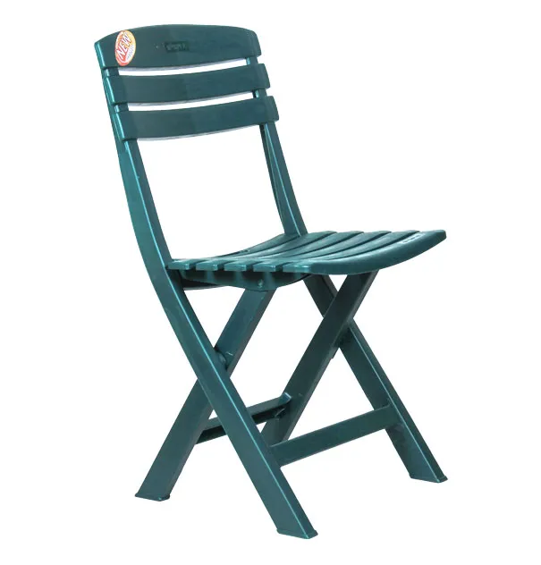 Dark green plastic folding chair with slatted seat and back