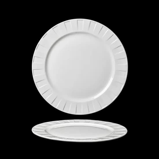 Round white porcelain flat plate with a ribbed rim