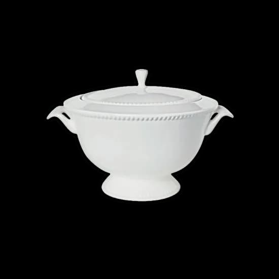 White footed porcelain soup tureen with beaded edge and lid