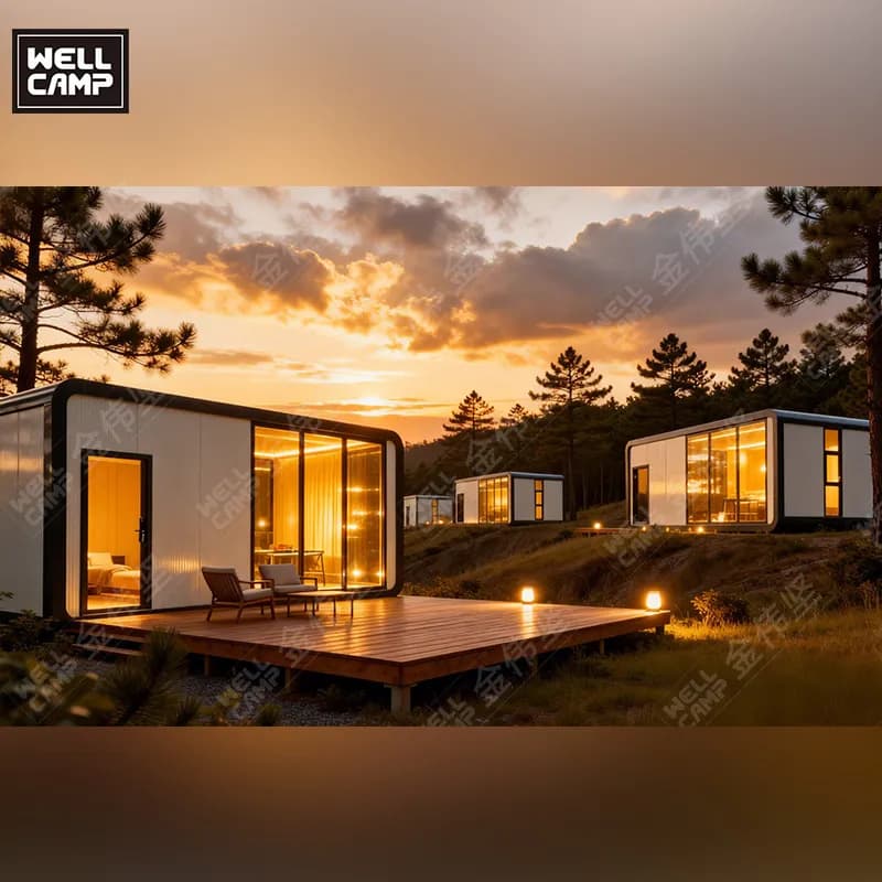 Rendering of modular cabins at dusk with decks and trees
