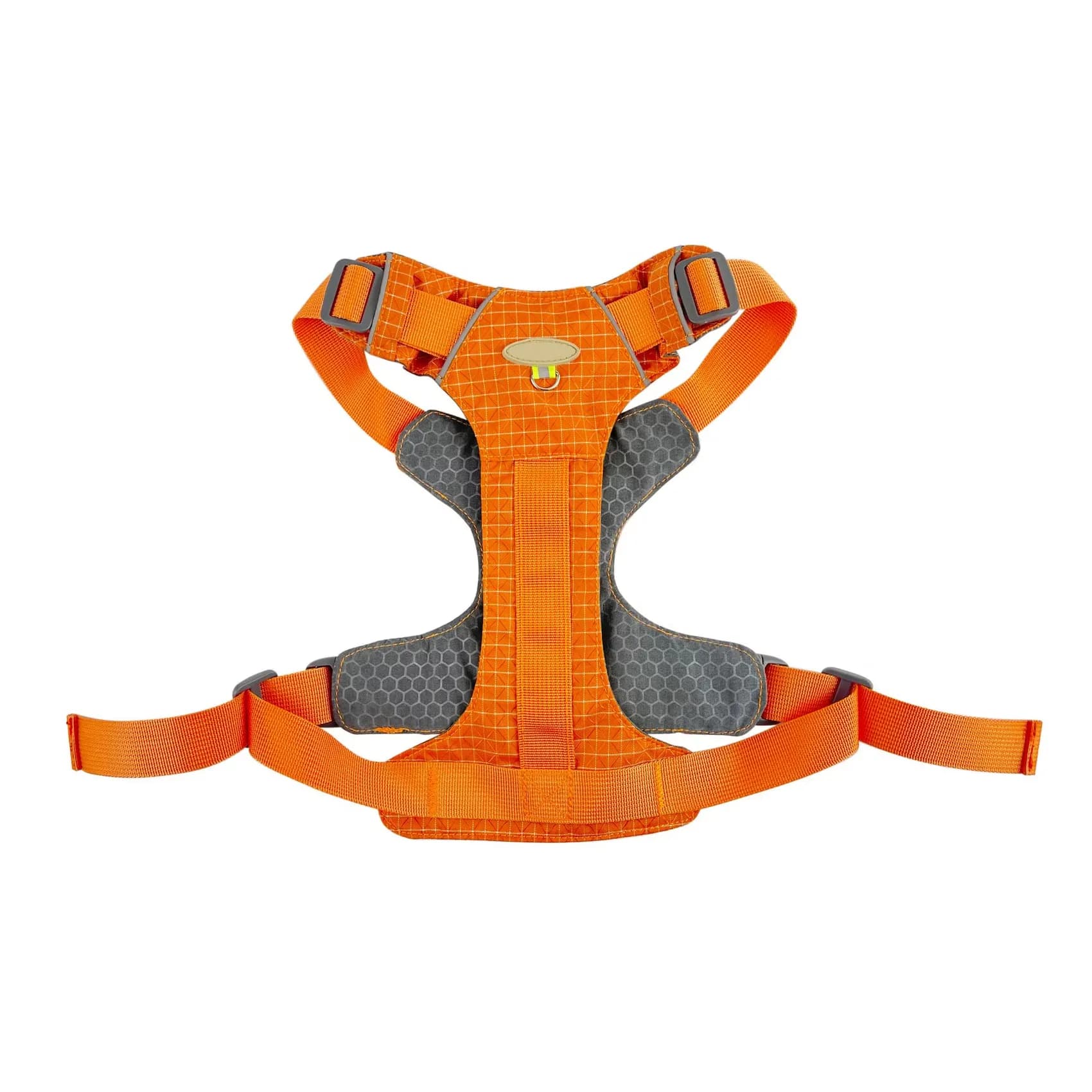 Orange nylon dog harness with gray mesh padding laid flat