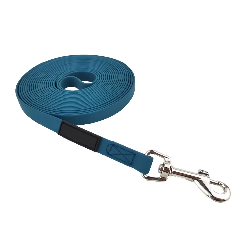 Coiled blue PVC dog leash with a metal snap hook