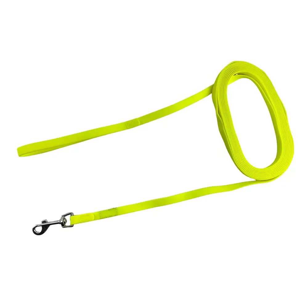 Neon yellow dog leash with a snap hook and handle loop