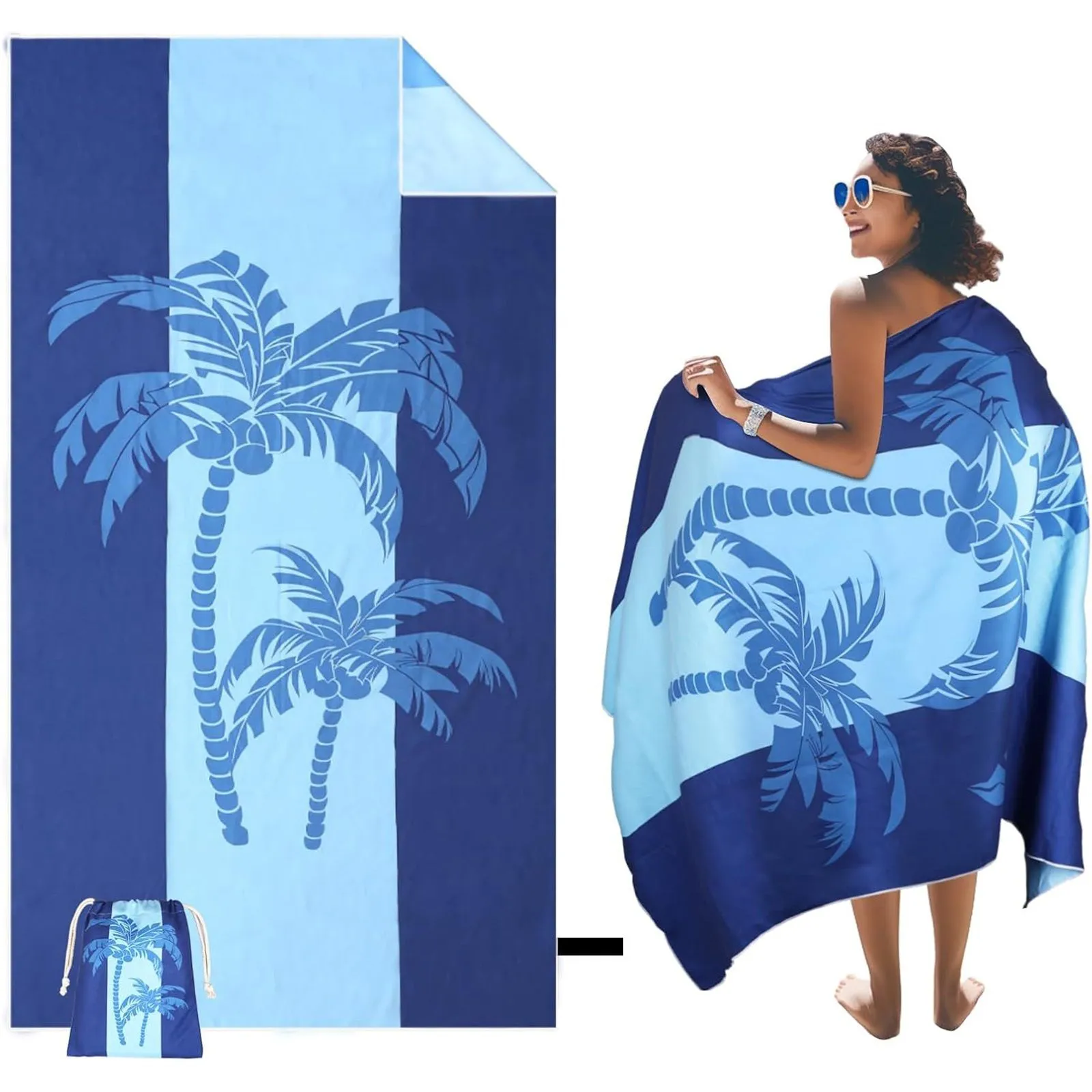 Blue palm tree print beach towel shown flat and wrapped around a woman