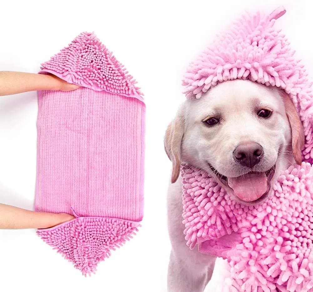 Pink chenille pet towel next to a puppy wrapped in a matching towel