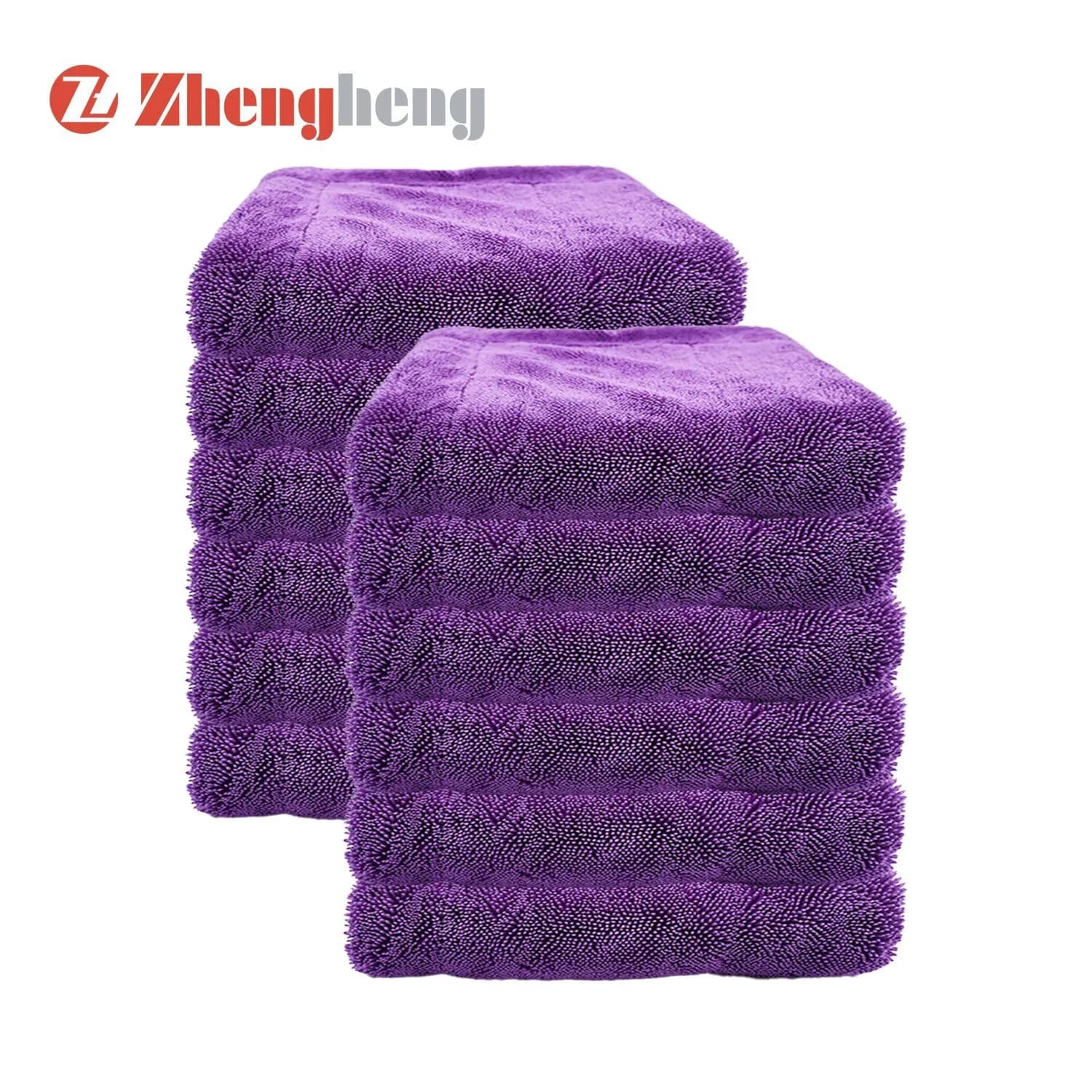 Two stacks of folded purple twisted loop towels