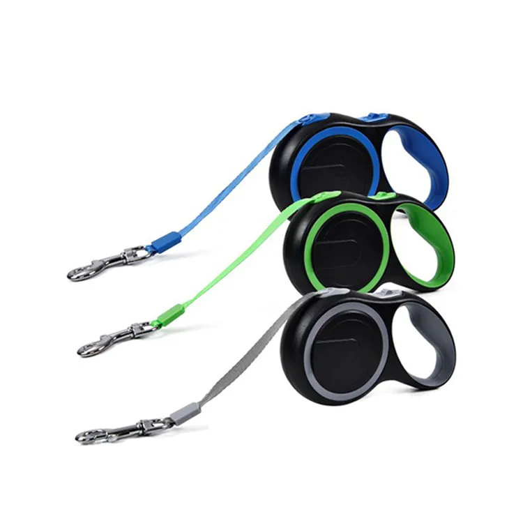Three retractable dog leashes in blue, green and gray