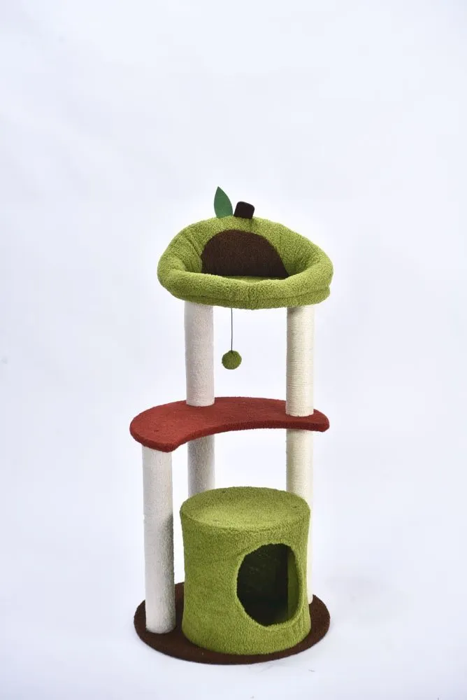 Cat tower with a green upper bed, a red platform and a hideaway on a white background