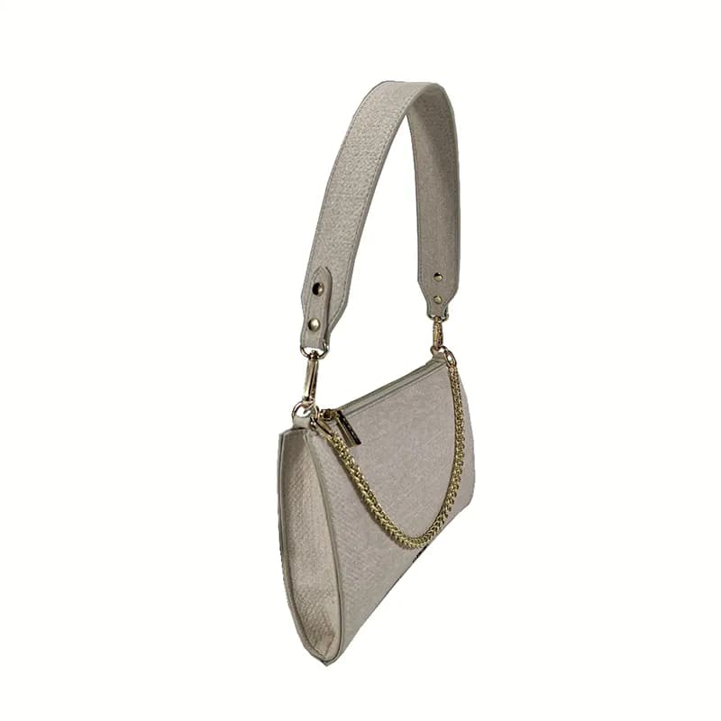 Grey PU shoulder bag with a gold chain trim and a wide strap