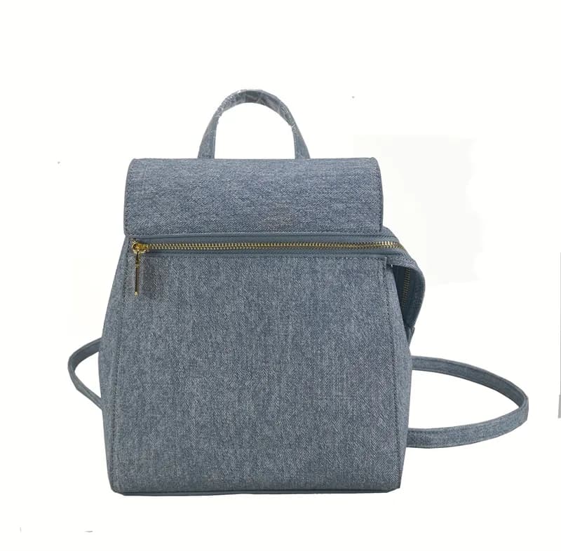 Blue denim-texture PU backpack, front view