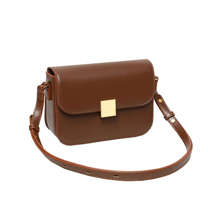Brown PU crossbody bag with a gold-tone lock
