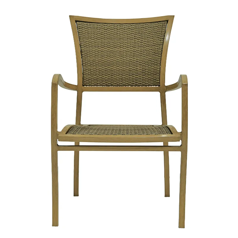 Front view of the outdoor armchair with woven back and seat
