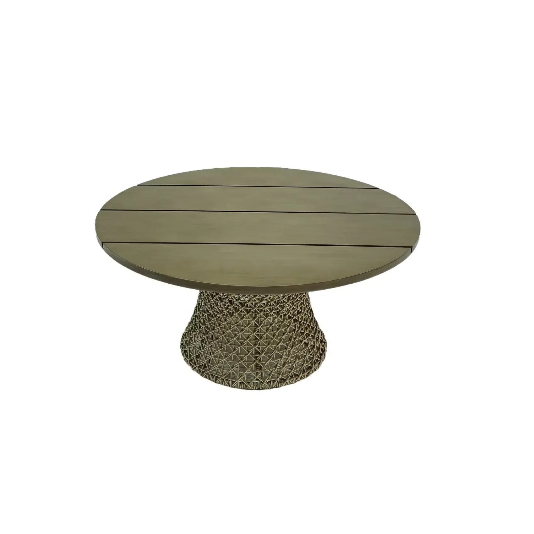 Round slatted-top outdoor table on a woven base