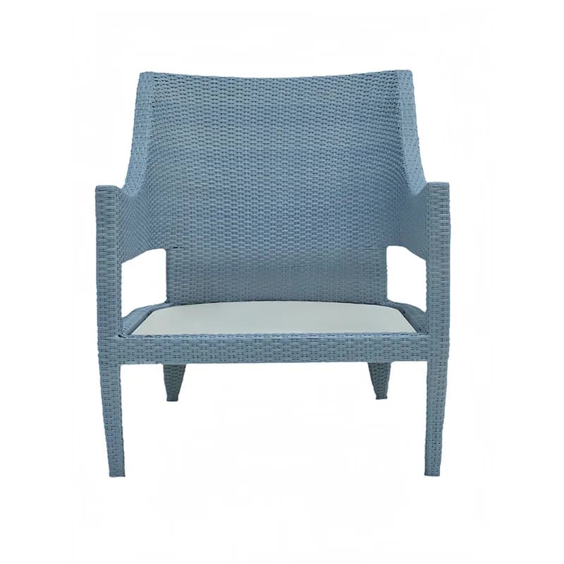 Blue wicker outdoor lounge chair with a white seat cushion