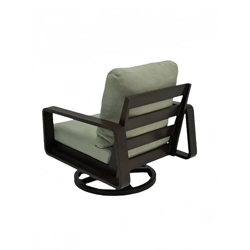 Black-frame swivel lounge chair with a grey cushion