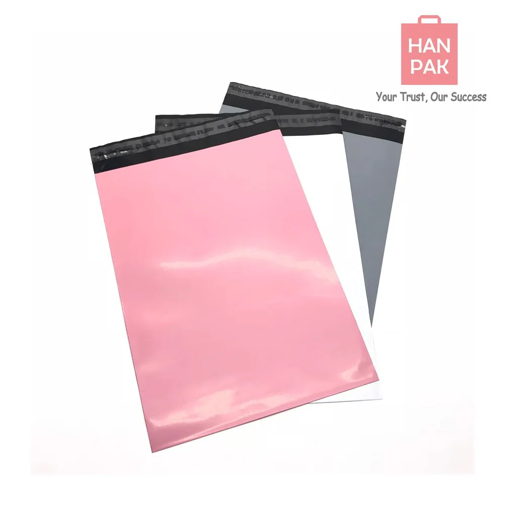 Pink and grey poly mailers with adhesive strips