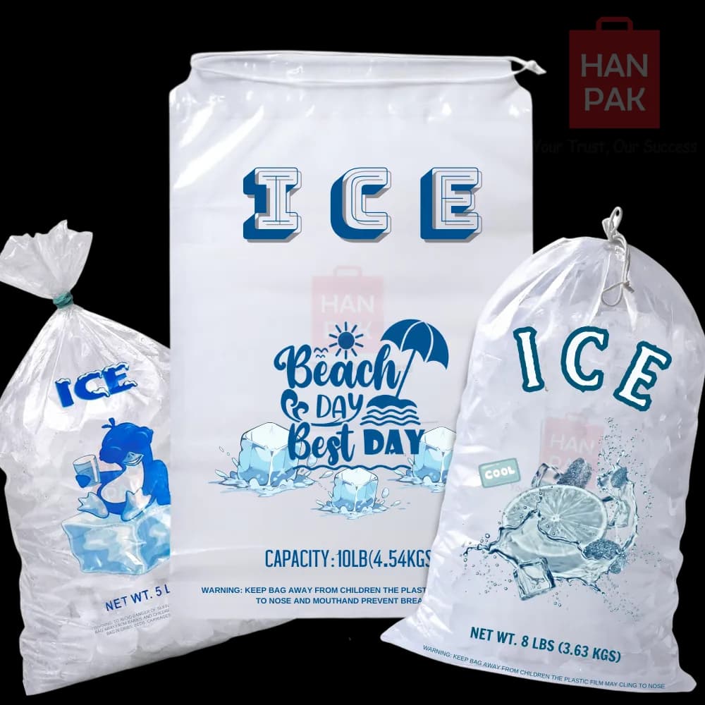 Printed clear ice bags in several sizes with drawstrings