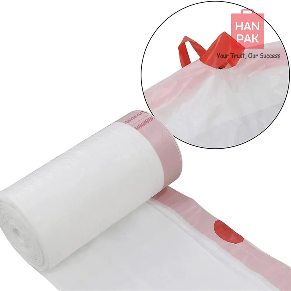 Roll of white drawstring trash bags with a red pull tape