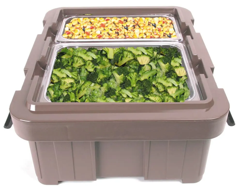 Brown insulated food carrier holding two pans of vegetables