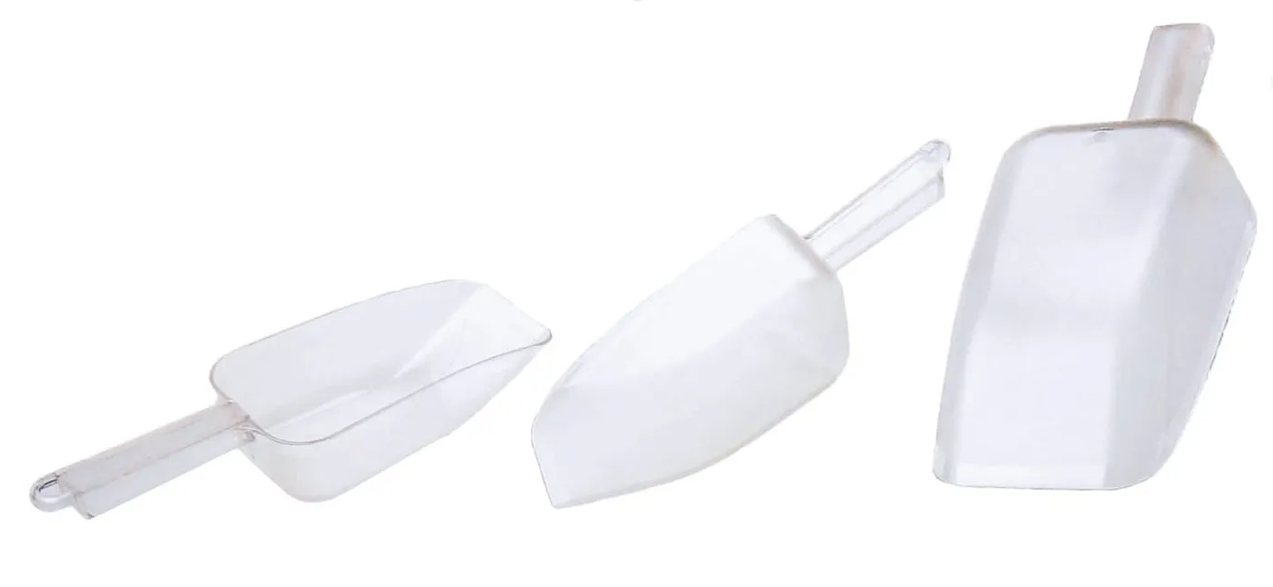Three clear plastic scoops in different sizes