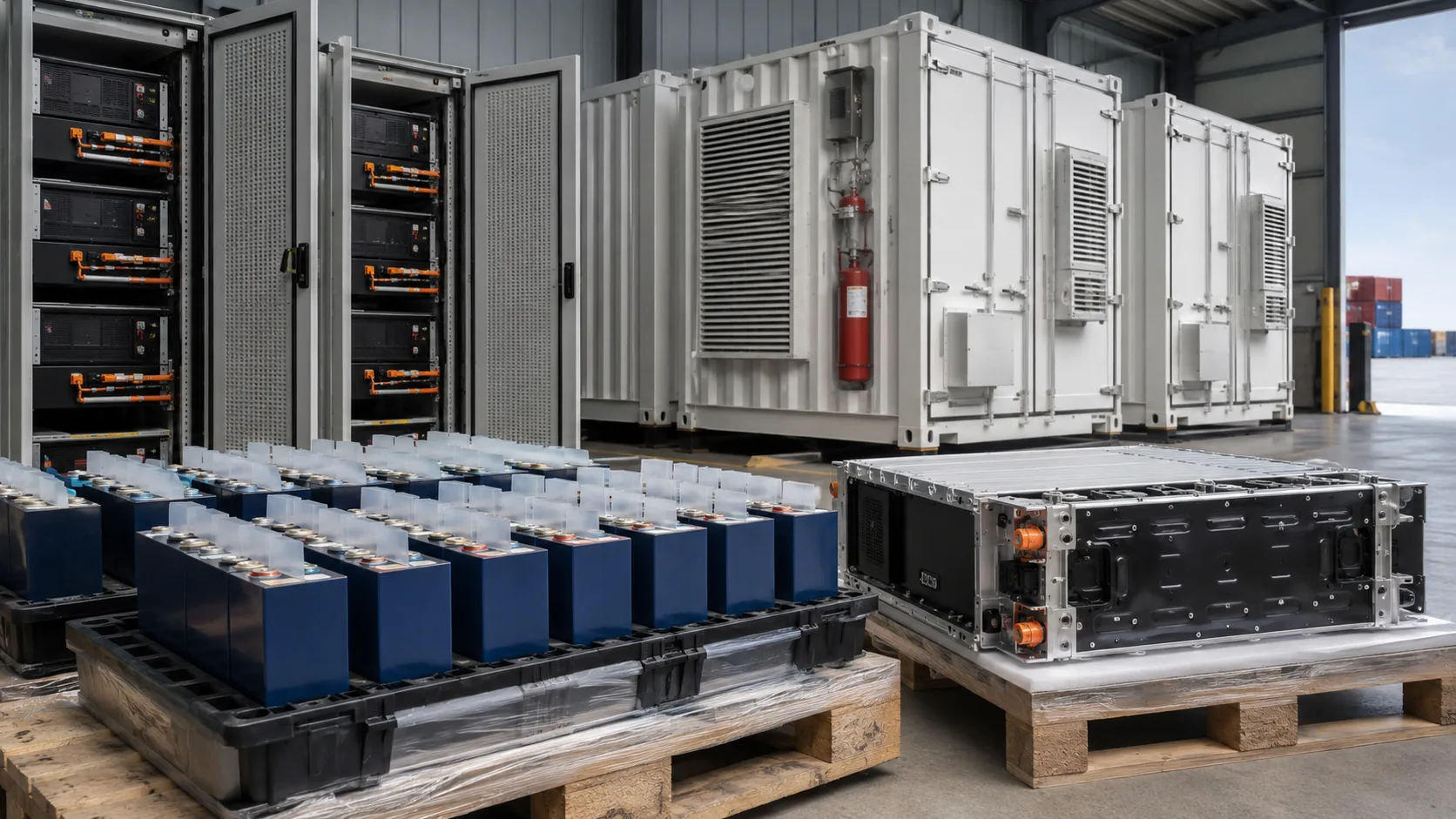 Containerised battery energy storage units installed on a utility-scale site