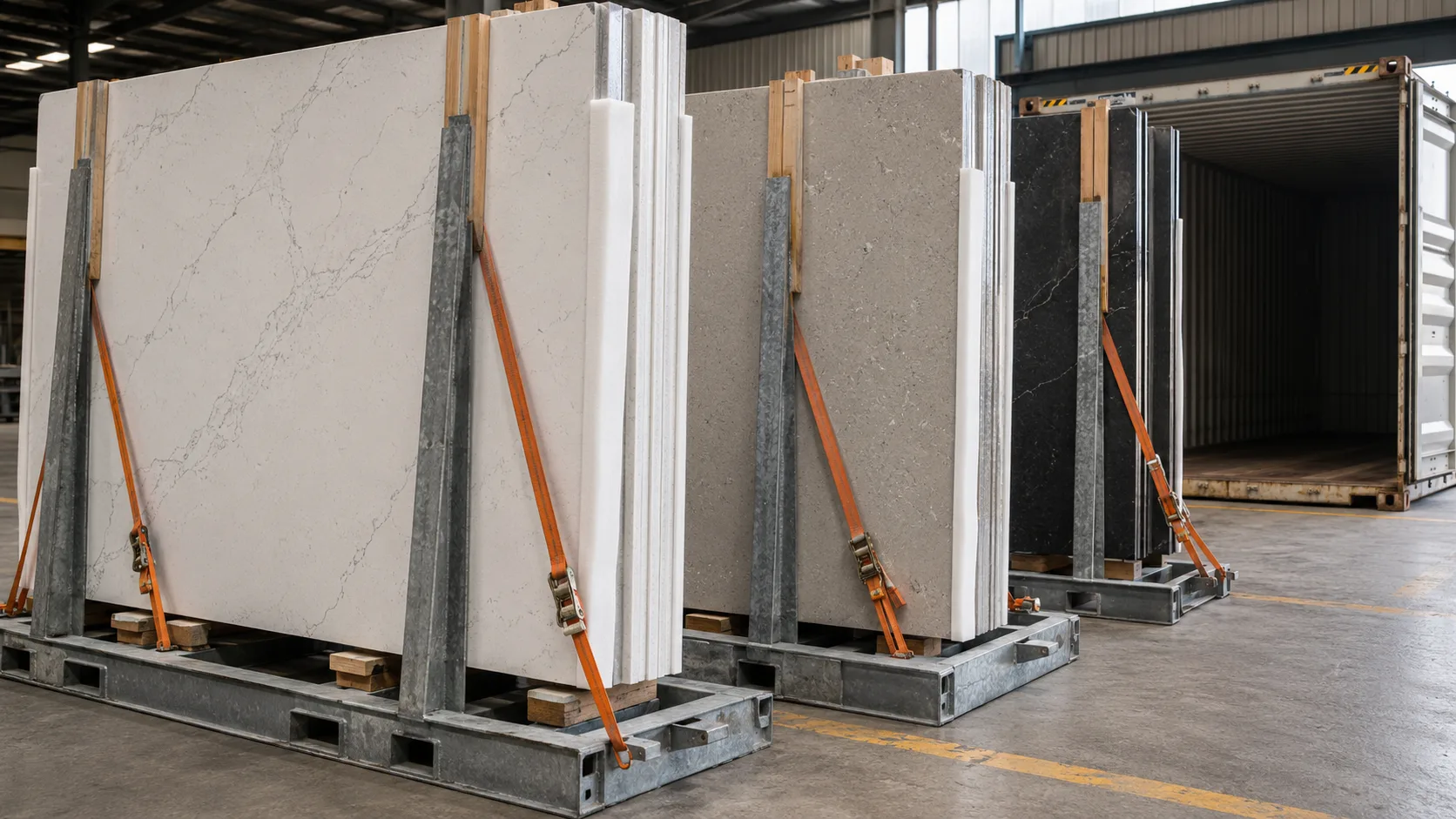Engineered quartz slabs stored upright in A-frame racks at a stone distribution warehouse